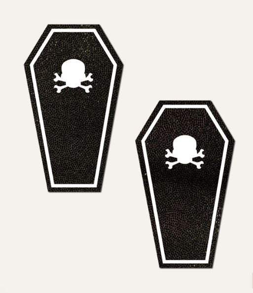 Pastease Coffin With Glow In The Dark Breast Pasties in black coffin shape with white skull and crossbones.