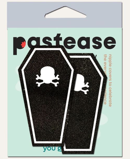Pastease Coffin With Glow In The Dark Breast Pasties packaging featuring glow-in-the-dark design and skull motif.