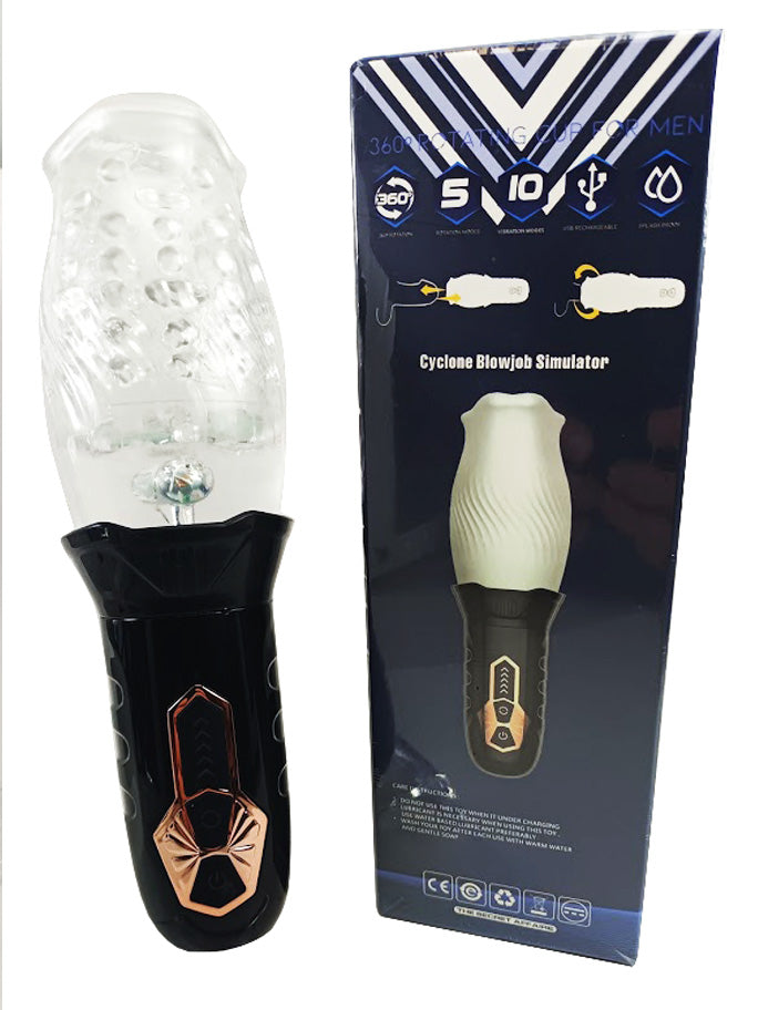 Cyclone Oral Sex Masturbator Male Stroker next to its packaging showcasing features and design.