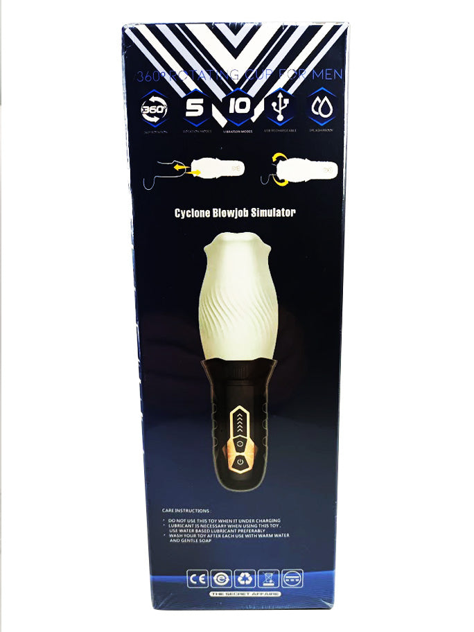 Cyclone Oral Sex Masturbator Male Stroker packaging showcasing features and ergonomic design for enhanced pleasure.