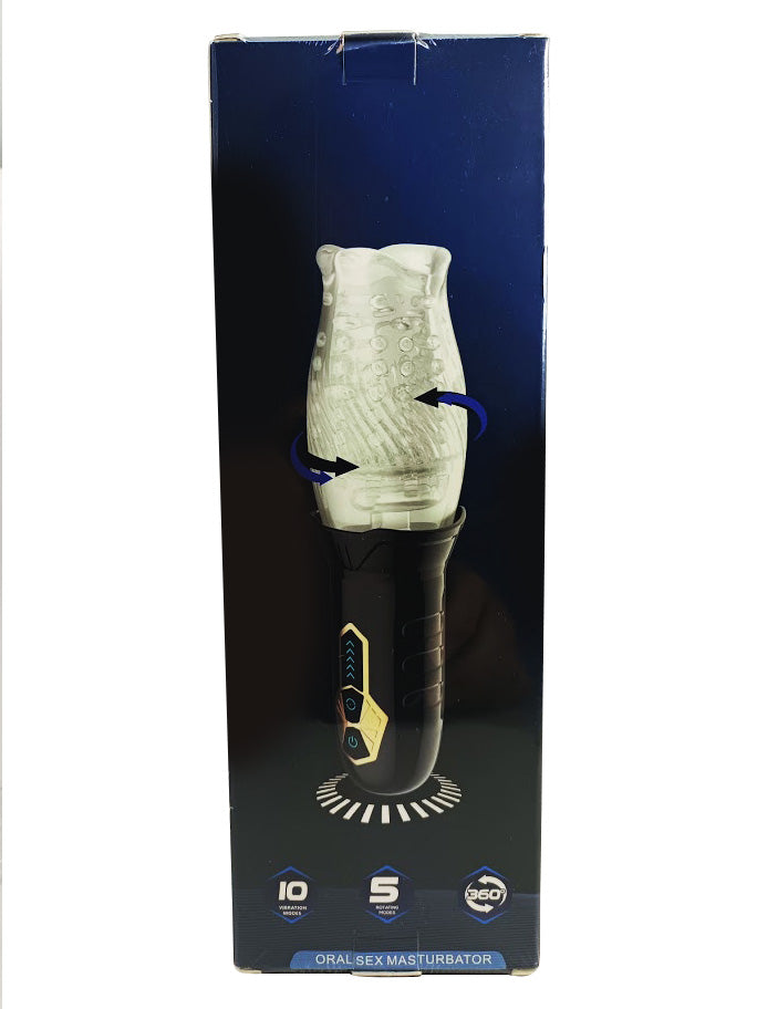 Cyclone Oral Sex Masturbator Male Stroker packaging showing rotating stimulation features and textured design.