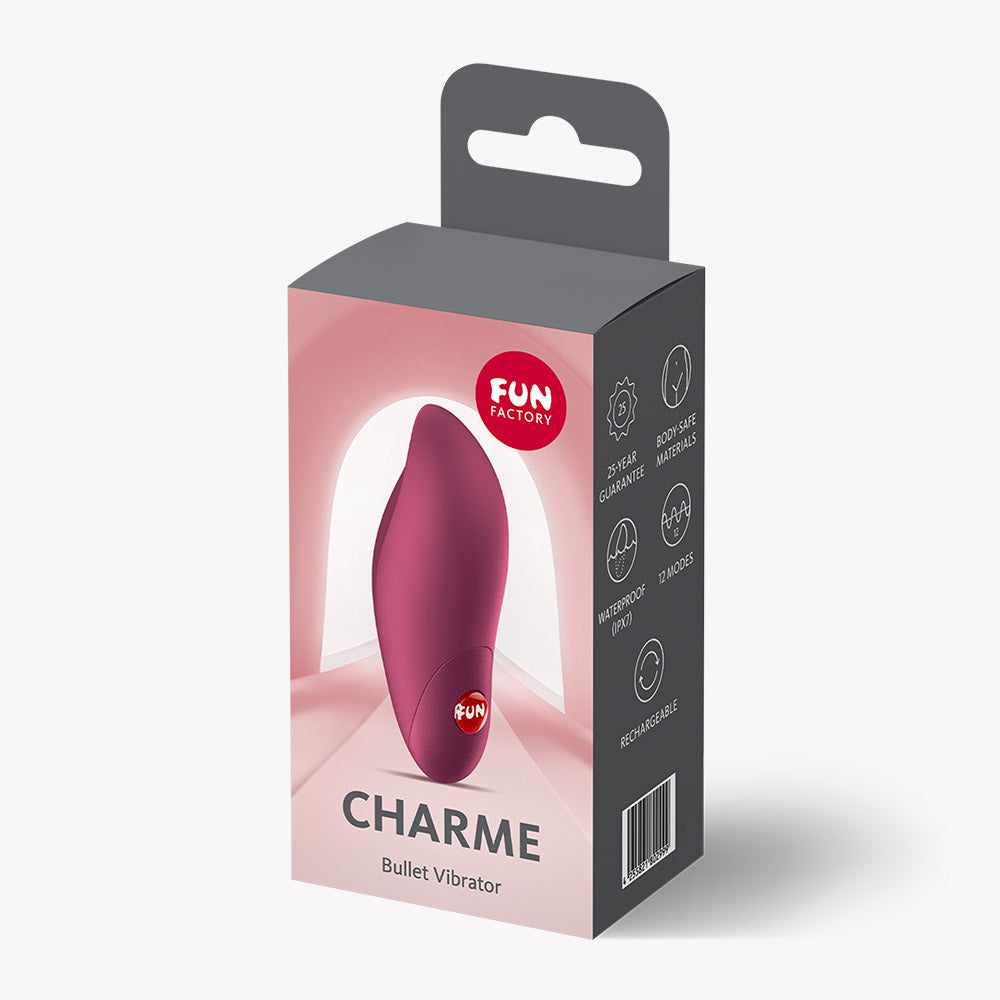 Fun Factory Charme Bullet Vibrator Wine Red packaging design featuring a sleek bullet vibrator in a stylish box.