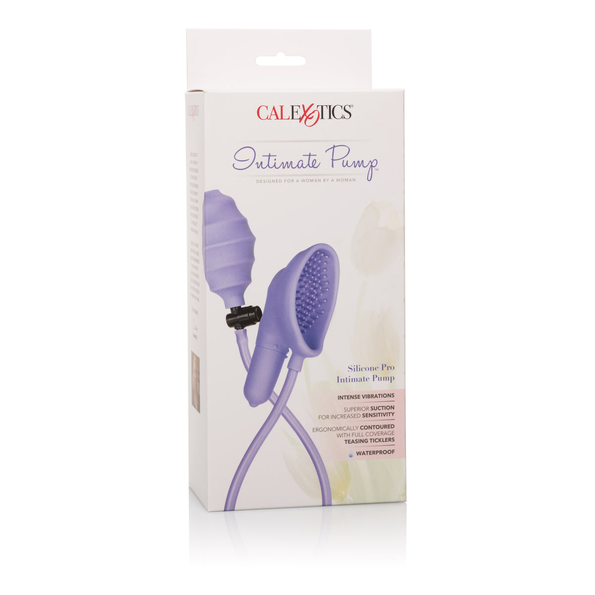 CalExotics Silicone Pro Intimate Clitoral Pump Purple packaging with ergonomic design and suction functionality.
