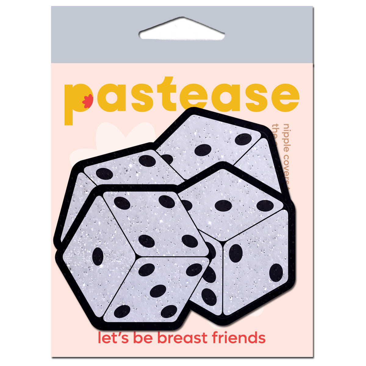 Pastease Pair Of Fuzzy Dice Nipple Pasties packaging featuring playful dice design.