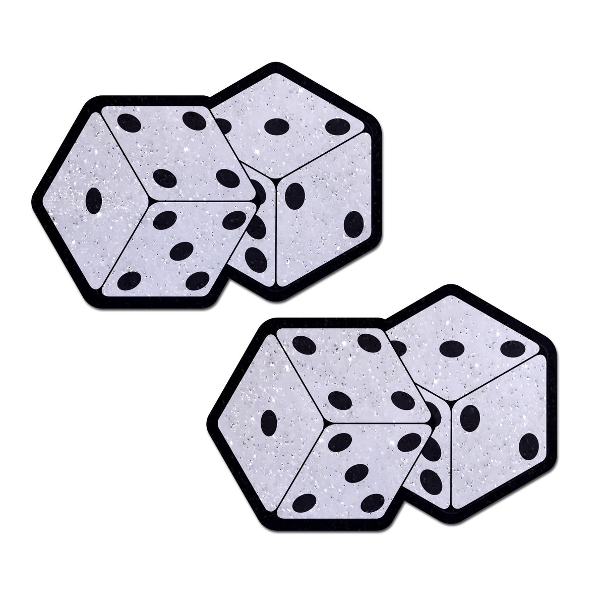 Pastease Pair Of Fuzzy Dice Nipple Pasties featuring playful dice design with bold black dots.