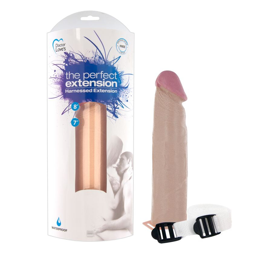 Doctor Love Perfect Extension 9 Inch Penis Extension packaging with harness and extension displayed.