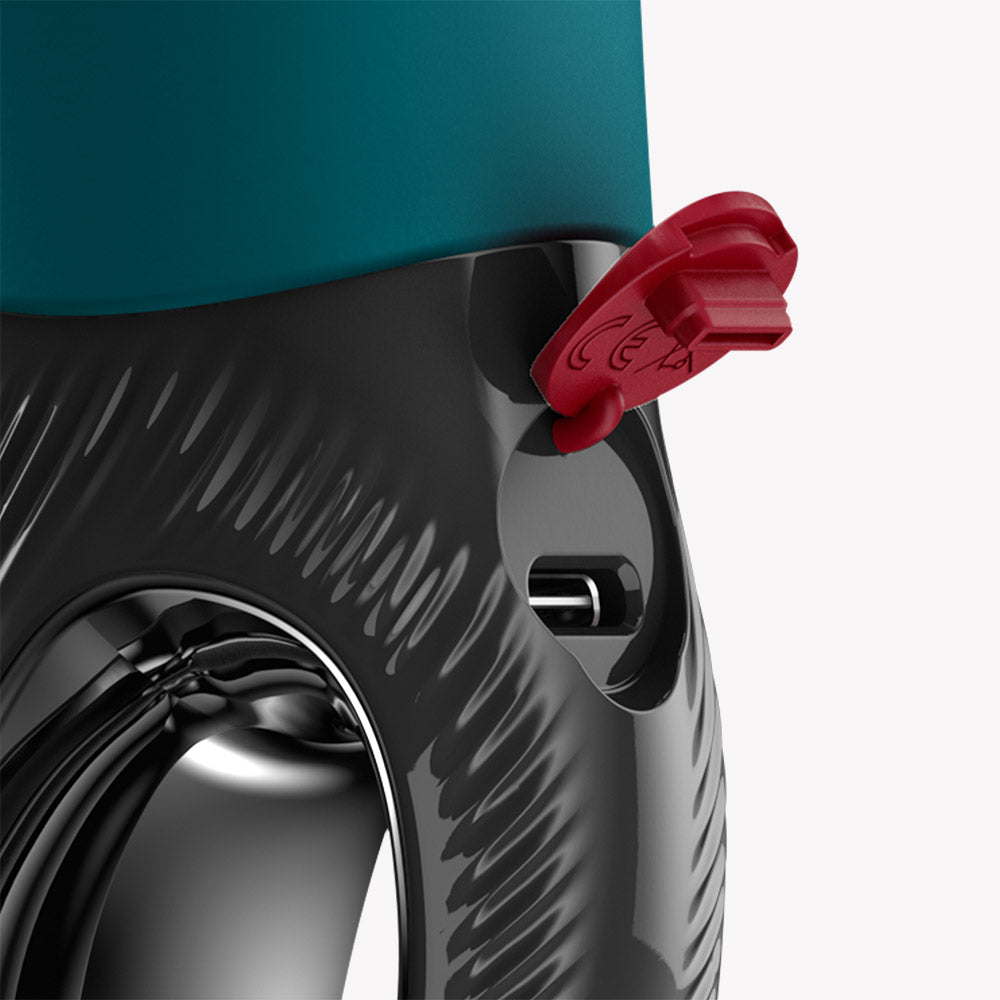 Close-up view of Fun Factory Manta Vibrating Masturbator Green showing control features and design details.