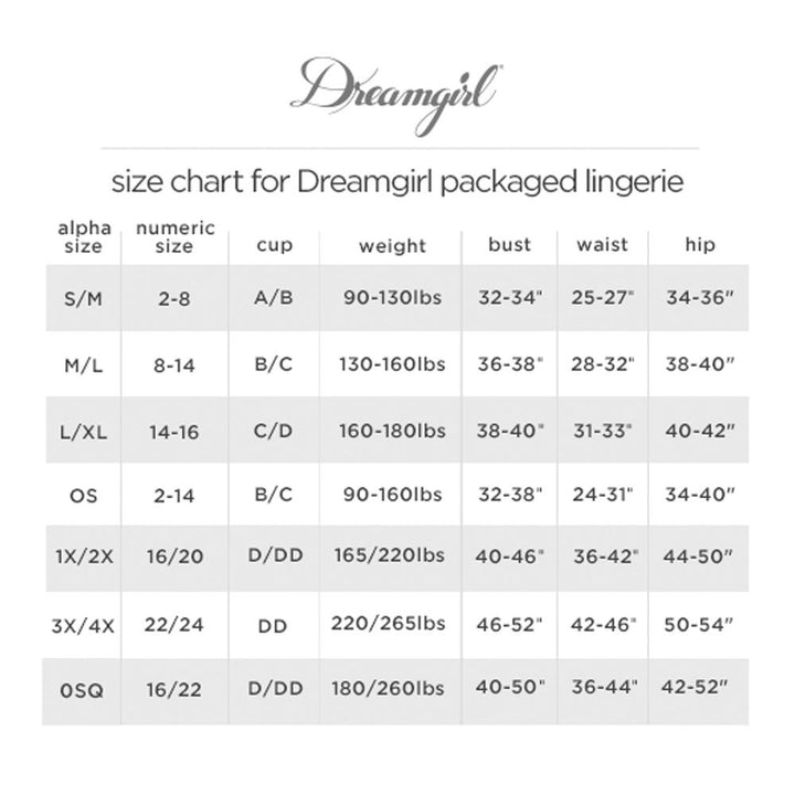 Dreamgirl Homeroom Hottie Schoolgirl Costume Set White Red size chart for Dreamgirl packaged lingerie.