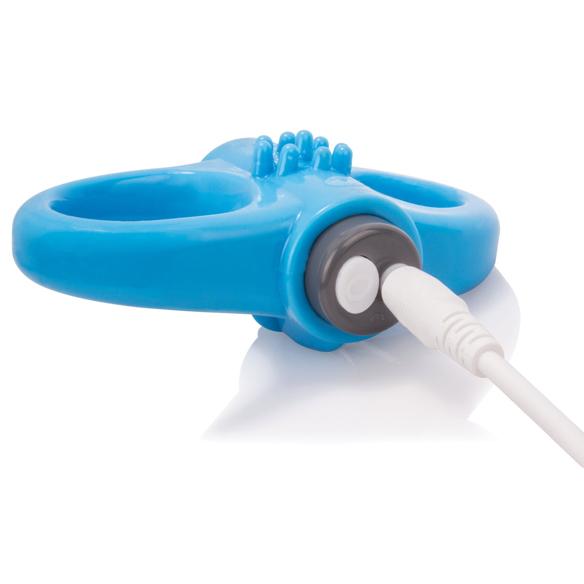 Screaming O Charged Yoga Rechargeable Vibe Ring Blue charging port and button functionality.