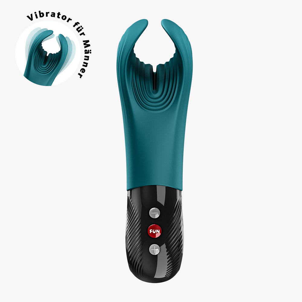 Fun Factory Manta Vibrating Masturbator Green showcasing its flexible wings and grooved structure for tailored pleasure.