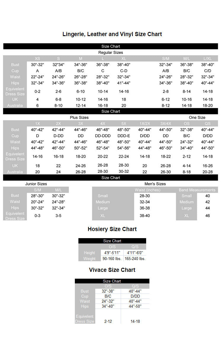 Lingerie, Leather and Vinyl Size Chart including regular, plus, junior, men's, hosiery, and Vivace sizes.