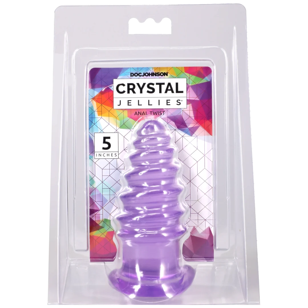 Doc Johnson Crystal Jellies Anal Twist 5 Inch Purple backdoor toy in packaging.
