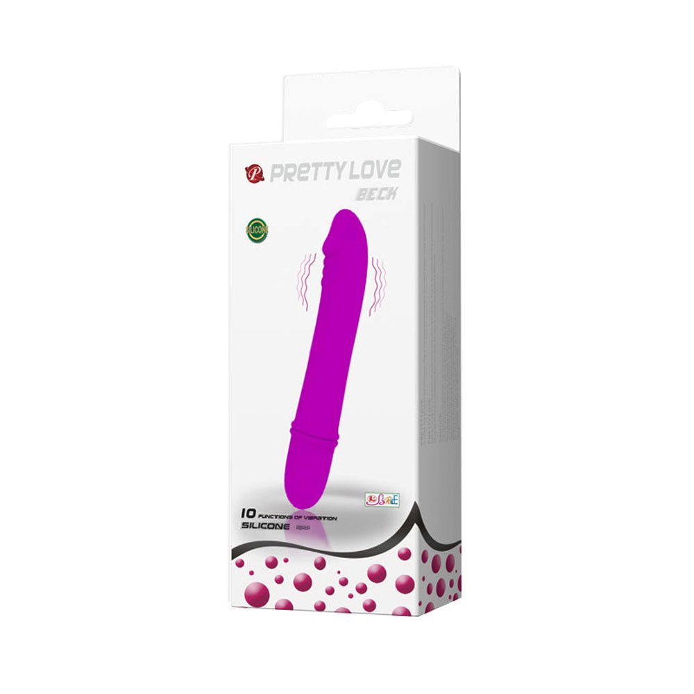 Pretty Love Beck Silicone G-Spot Vibrator Purple in packaging, designed for internal and external stimulation.