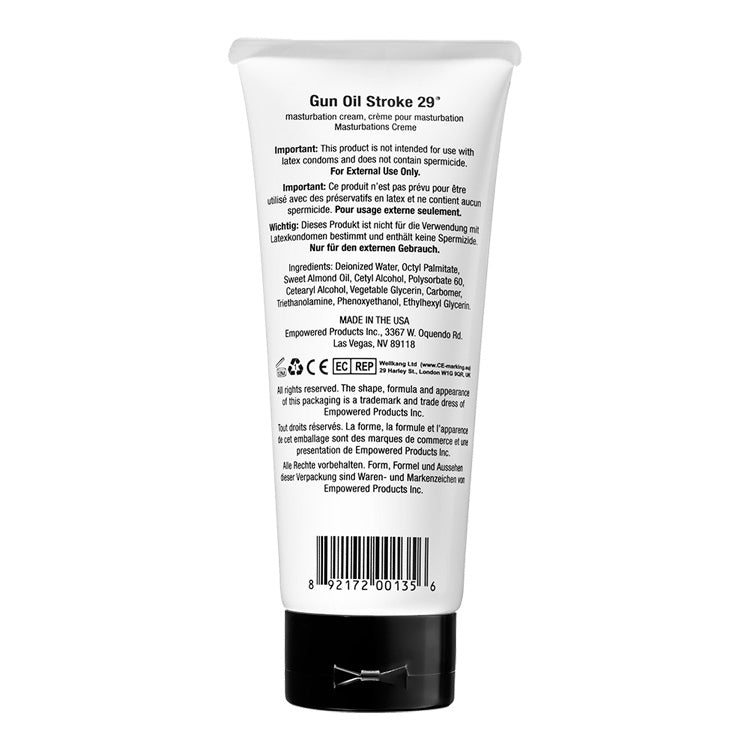 Gun Oil Stroke 29 masturbation cream 6.7 Oz with instructions and usage details on the back of the tube.