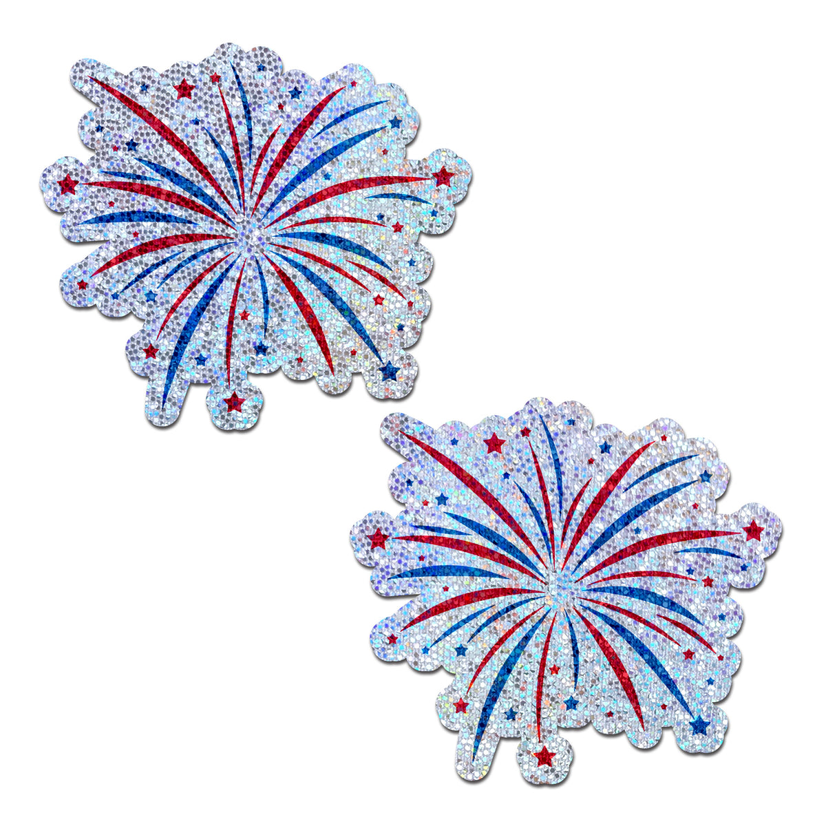 Pastease Fireworks Glitter Nipple Pasties with red and blue sparkles, ideal for festive celebrations and summer parties.