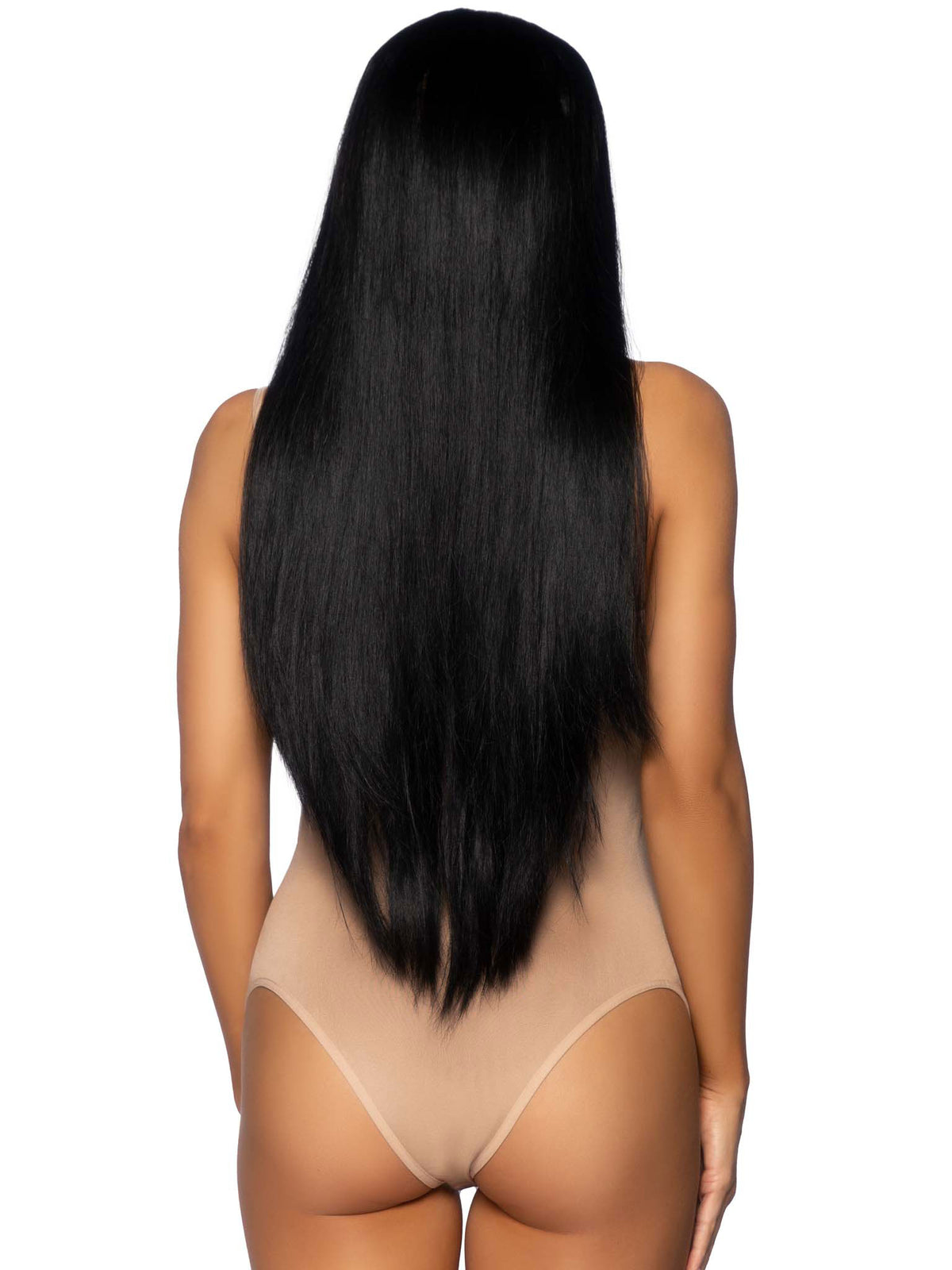 Leg Avenue 33 Inch Long Straight Wig Black shown from the back, highlighting sleek black hair and smooth texture.