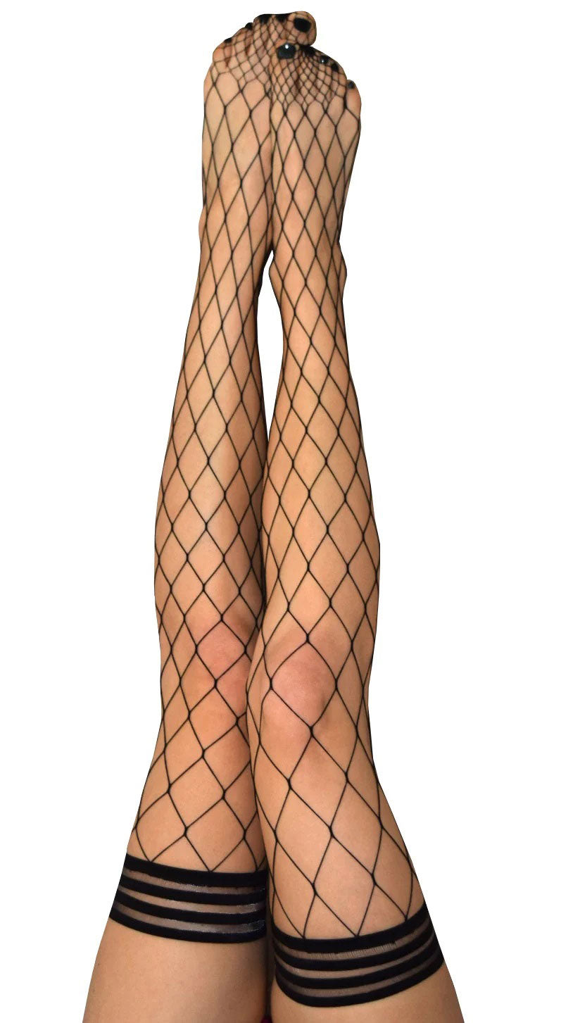 Kixies Michelle Fishnet Thigh High Size A Black showcasing a bold large-net pattern on legs.