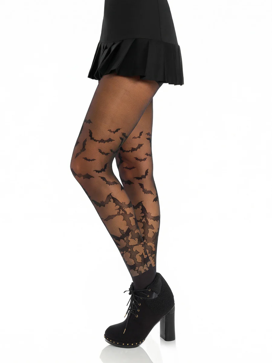 Leg Avenue Bat Wing Sheer Tights Black One Size worn stylishly with a flared black skirt and high-heeled boots.