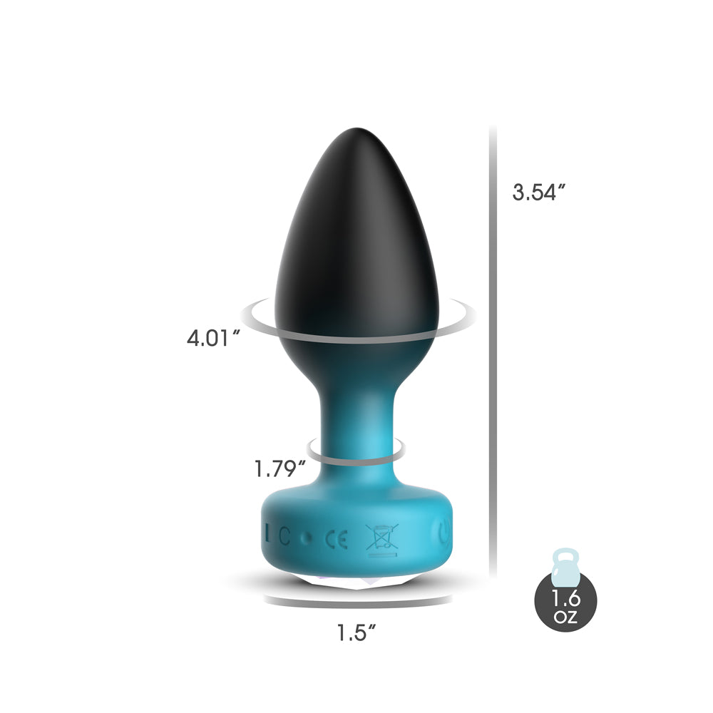 Eluxe Vibrating Clear Gem Blue Ombre Plug Small With Remote with dimensions displayed, showing sleek design and features.