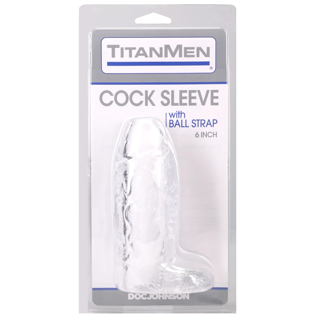 Titanmen Cock Sleeve With Ball Strap 6 Inch Clear, enhancing size and sensation, securely fits with ball strap.