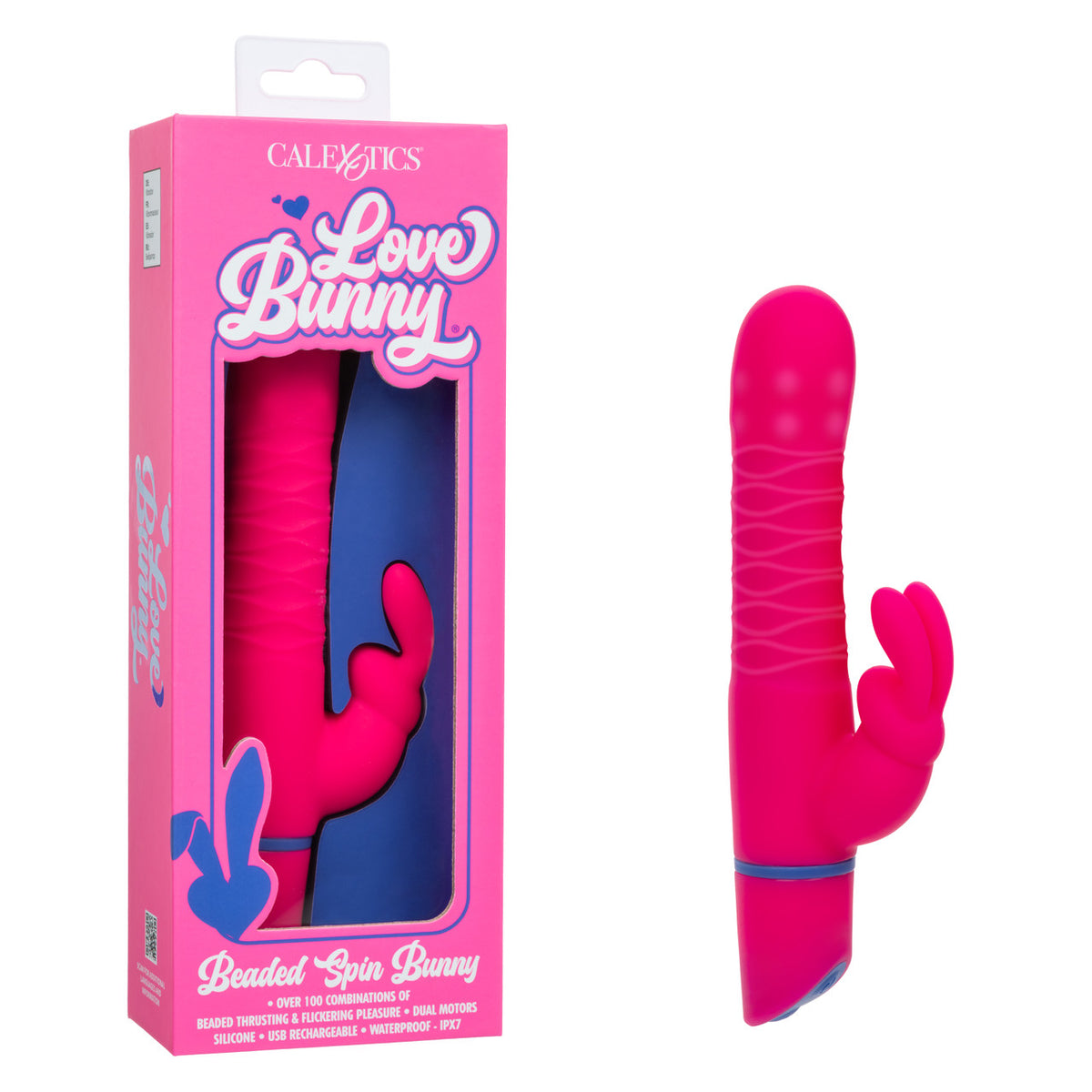 Love Bunny Beaded Spin Bunny Dual Motor Vibrator Pink in packaging, showcasing its vibrant design and features.