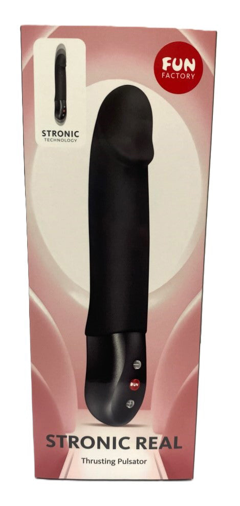 Fun Factory Stronic Real Thrusting Pulsator Black packaging showcasing its sleek design and thrusting features.