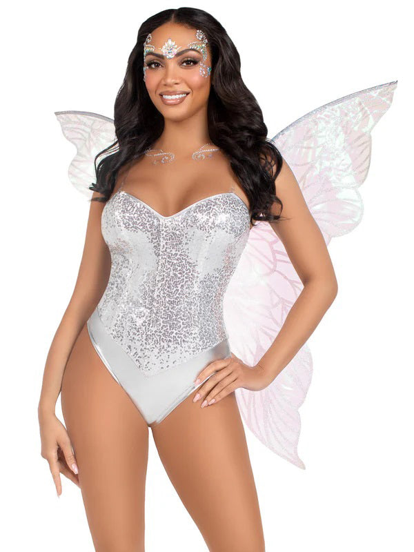 Model wearing Leg Avenue Iridescent Strapless Fairy Wings Clear with sparkling bodysuit and shimmering accessories.