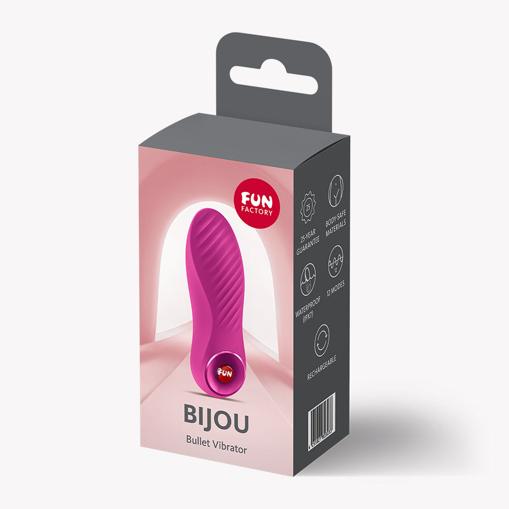 Packaging of Fun Factory Bijou Bullet Vibrator Magenta showcasing vibrant design and texture for portable pleasure.