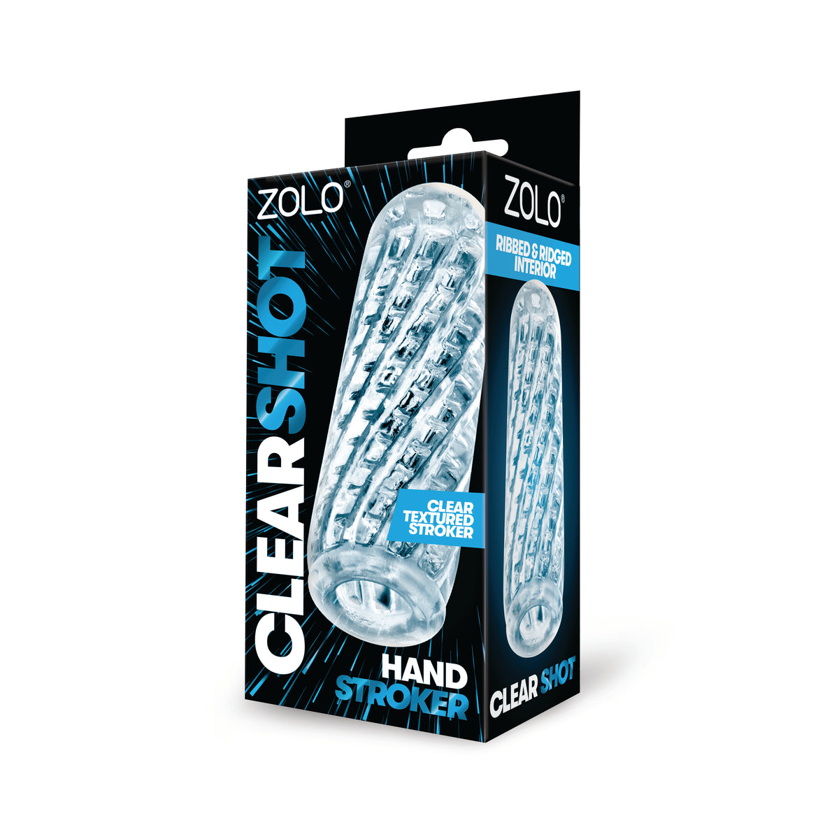 Zolo Clear Shot Textured Hand Stroker Clear packaging featuring ribbed and ridged interior for enhanced sensations.