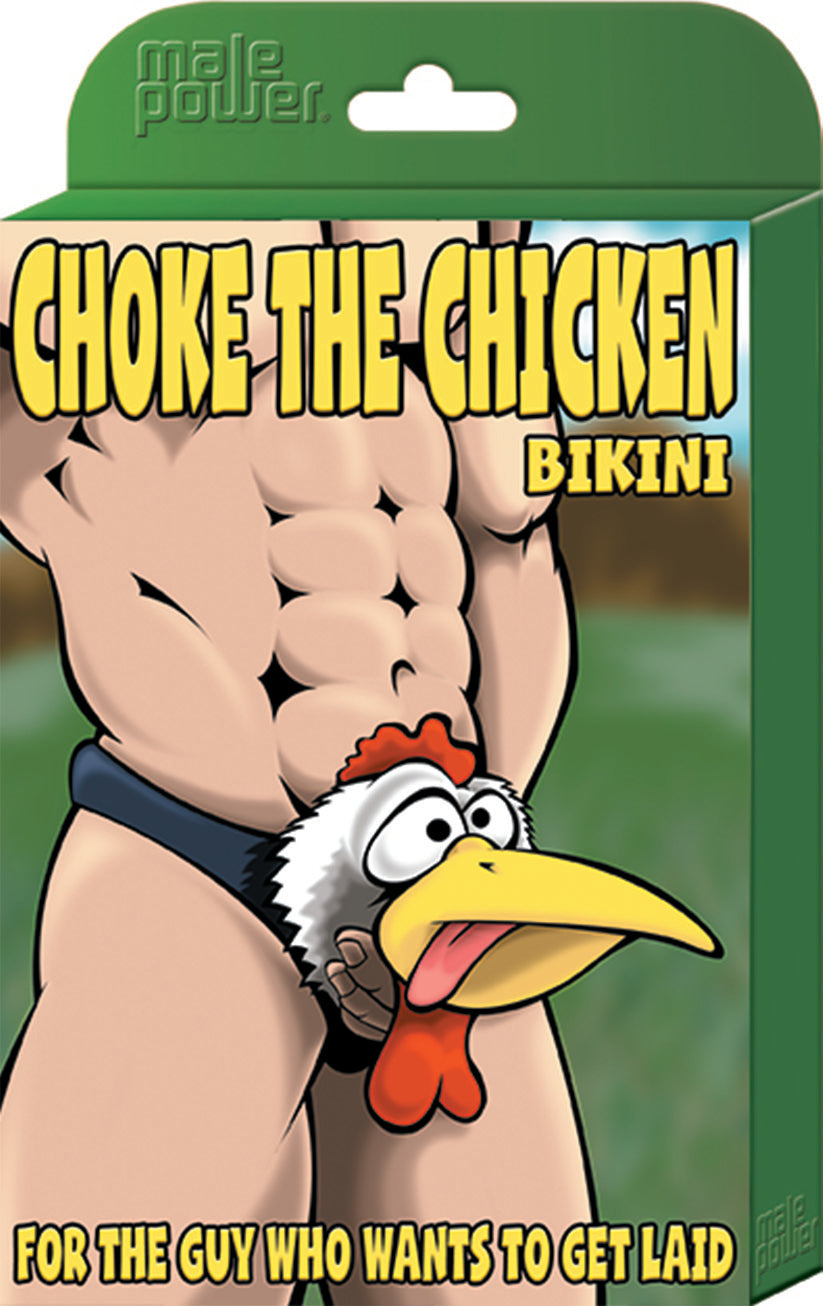 Male Power Choke the Chicken Bikini One Size Black novelty underwear creatively packaged for fun gifts.