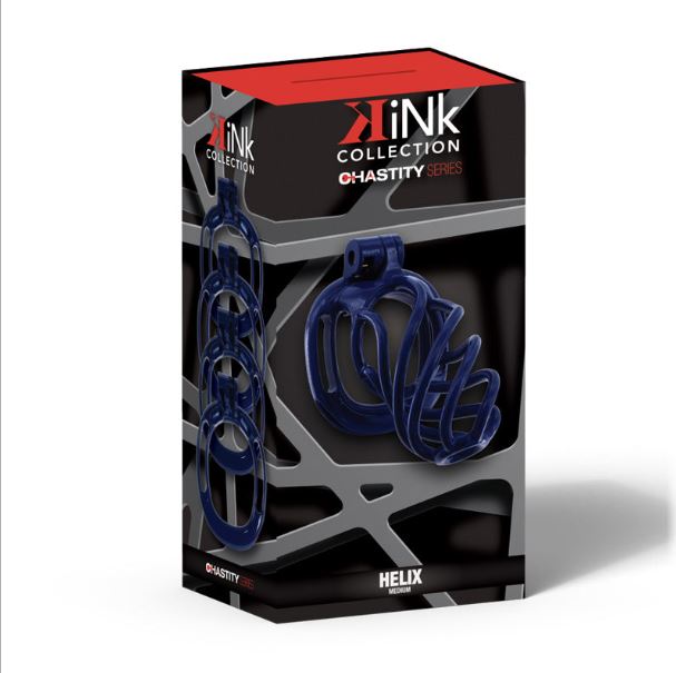 Kink Chastity Helix Cock Cage Medium Dark Blue packaging featuring the chastity device for total restriction.