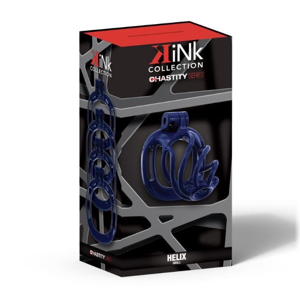 Kink Chastity Helix Cock Cage Small Dark Blue packaging displaying a customizable chastity device.