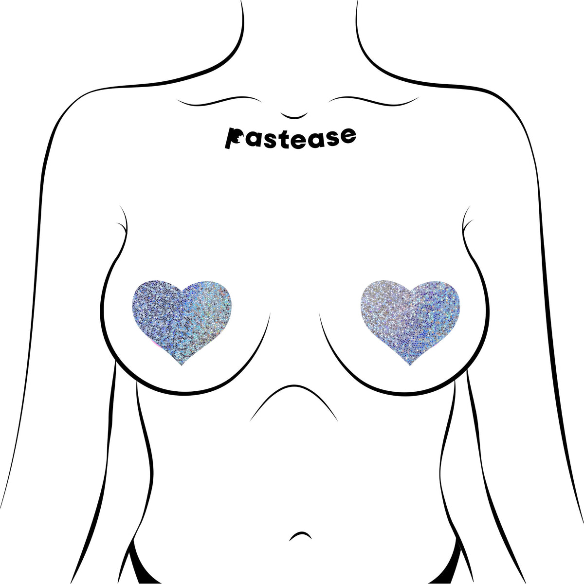 Pastease Hearts Silver Glitter Nipple Pasties on a body illustration, showcasing sparkling heart-shaped designs.