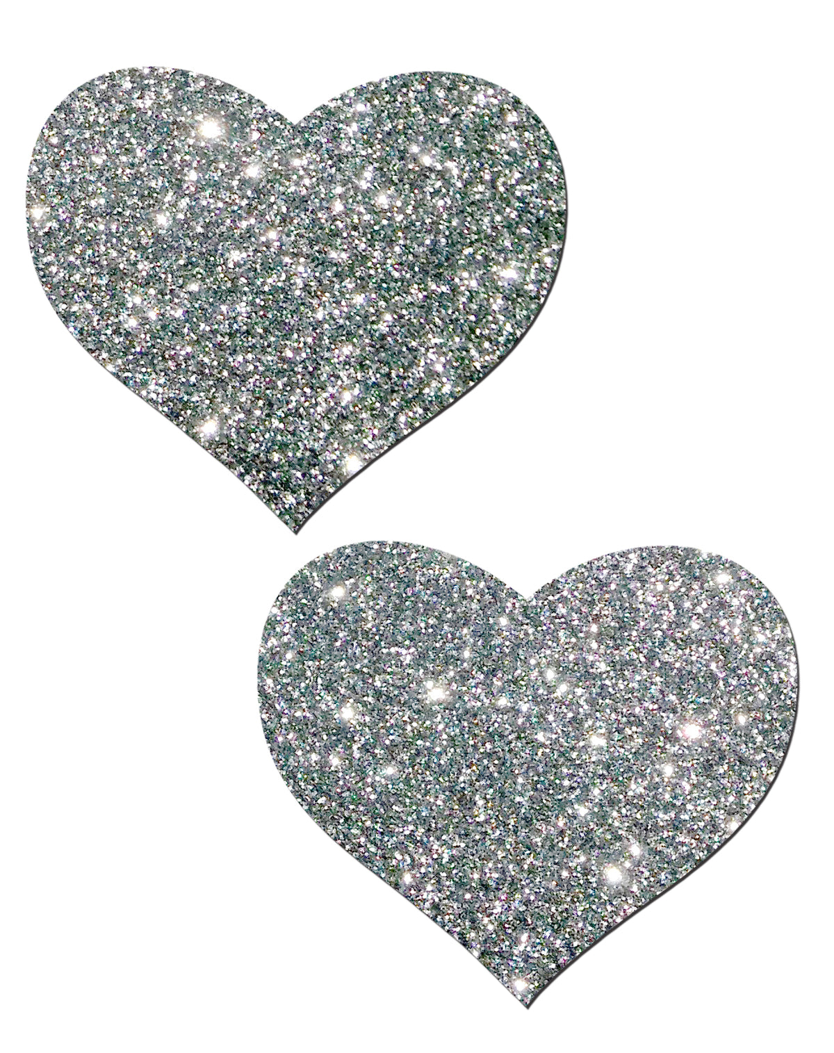 Pastease Hearts Silver Glitter Nipple Pasties in playful heart shapes with sparkling silver glitter finish.