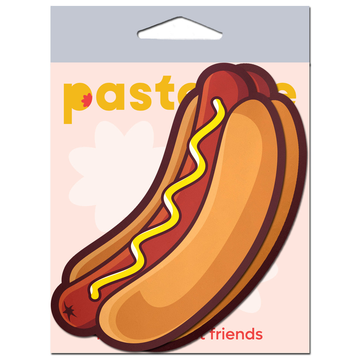 Pastease Hotdog with Mustard Nipple Pasties packaging featuring colorful hotdog design with mustard.