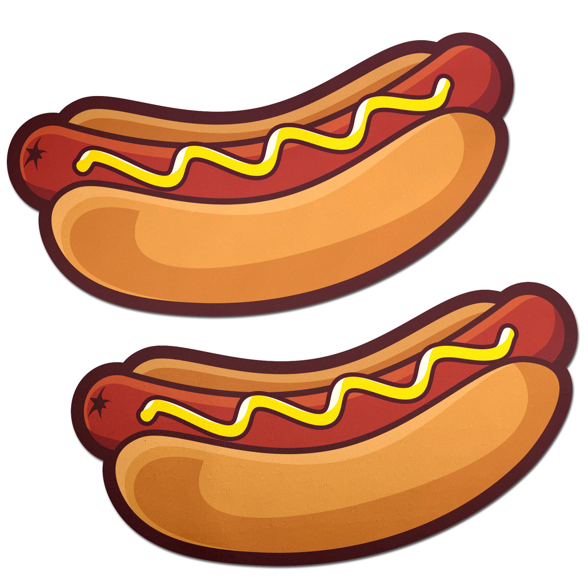Pastease Hotdog with Mustard Nipple Pasties shown as vibrant hotdog designs with mustard topping.