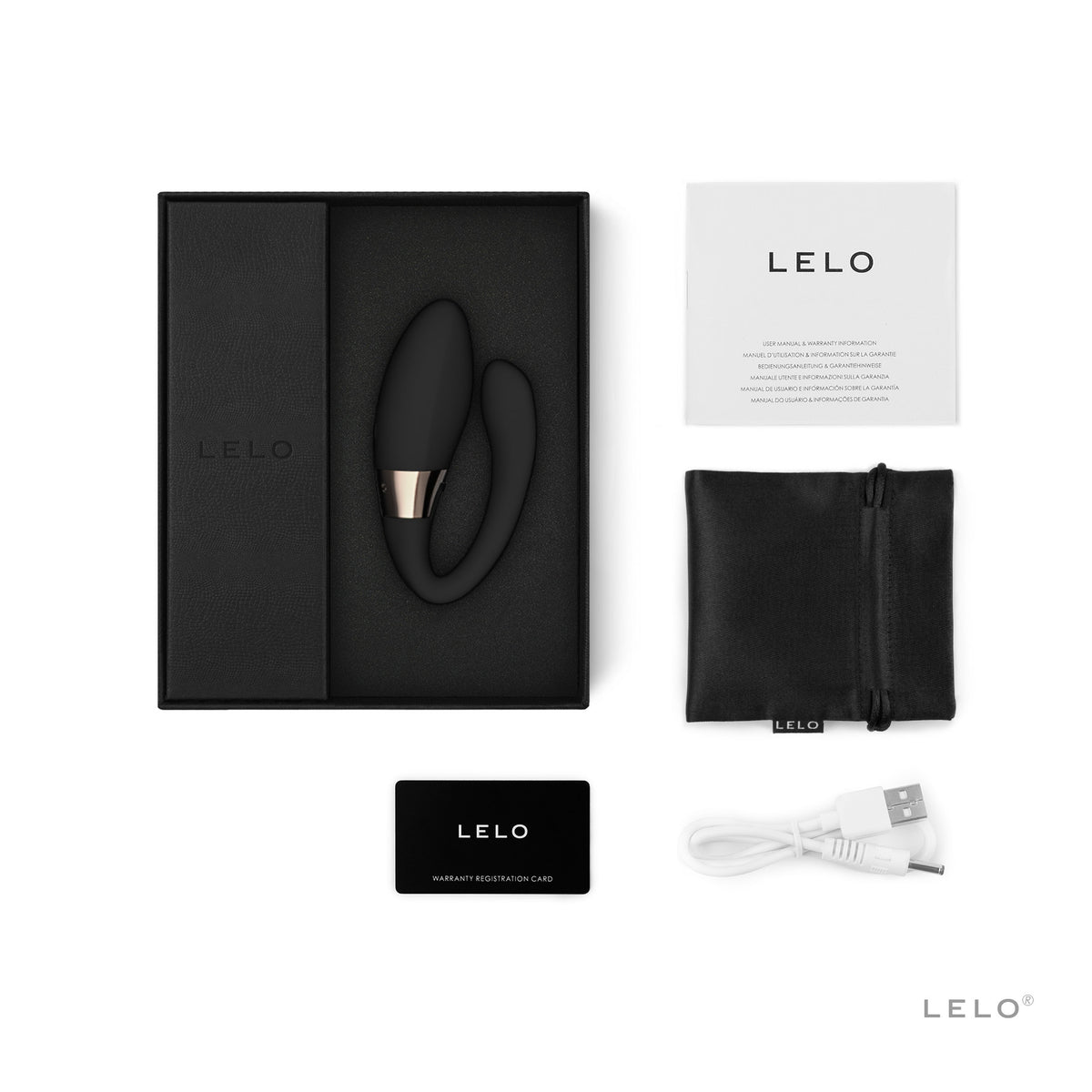 LELO Tiani Harmony App Controlled Couples Vibrator Black packaging, including vibrator, manual, and accessories.
