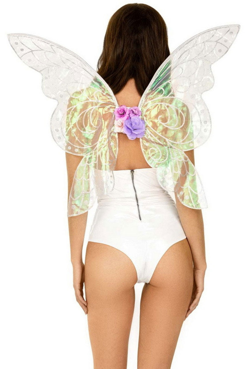 Iridescent Glitter Fairy Wings One Size Multicolor displayed on a model, showcasing their shimmering colors and floral accents.