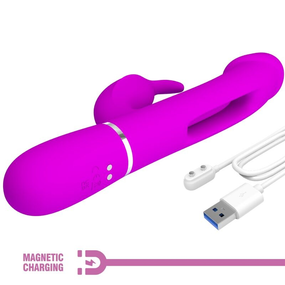 Pretty Love Kampas Flicking Rabbit Vibrator Fuchsia with magnetic charging cable, designed for dual stimulation.