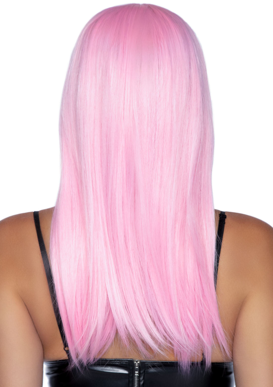 Leg Avenue 24 Inch Long Straight Bang Wig Pink showcasing sleek, straight pink hair from the back.