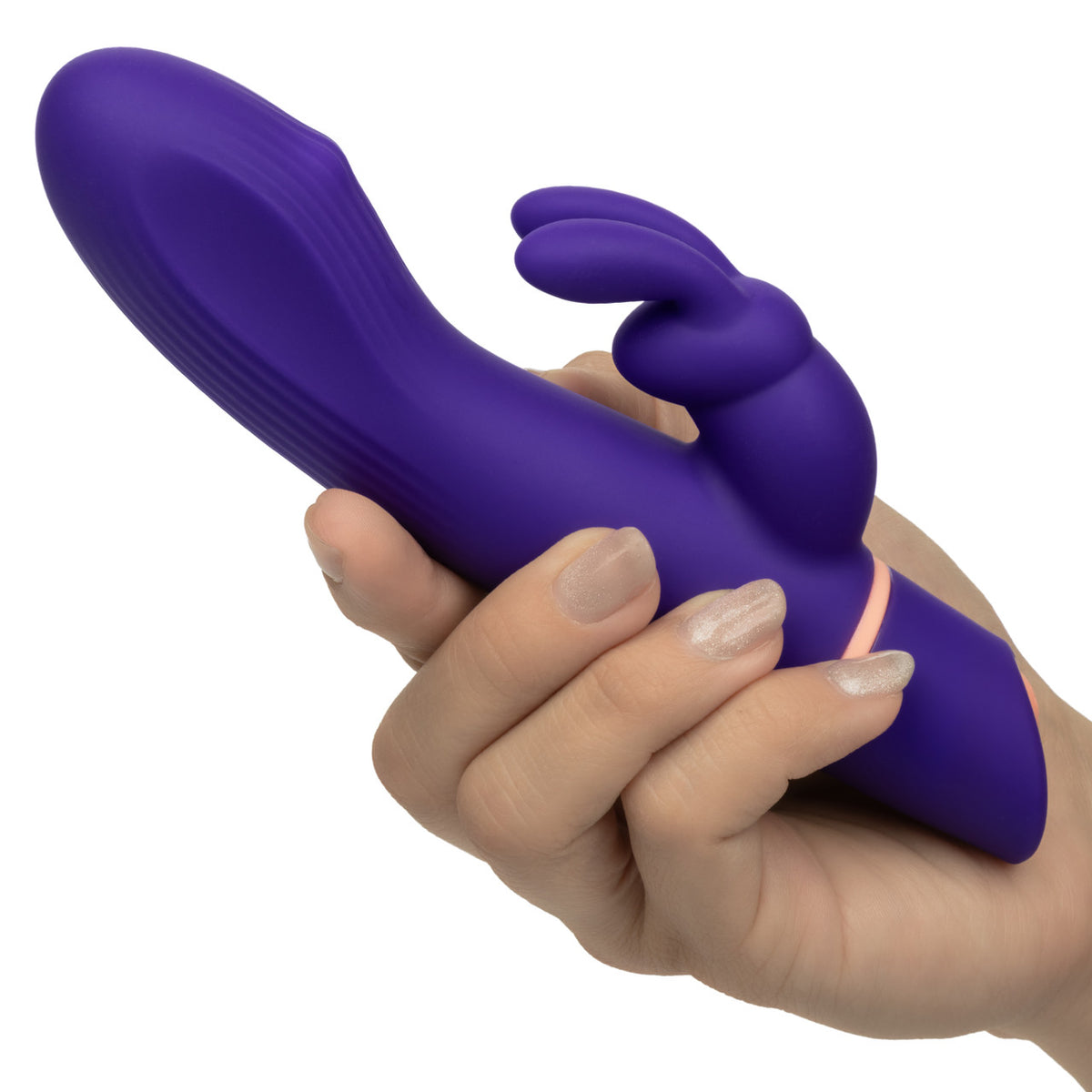 Love Bunny Rollin' G Bunny Dual Motor Vibrator Purple held in a hand, showcasing its sleek design and bunny ears.
