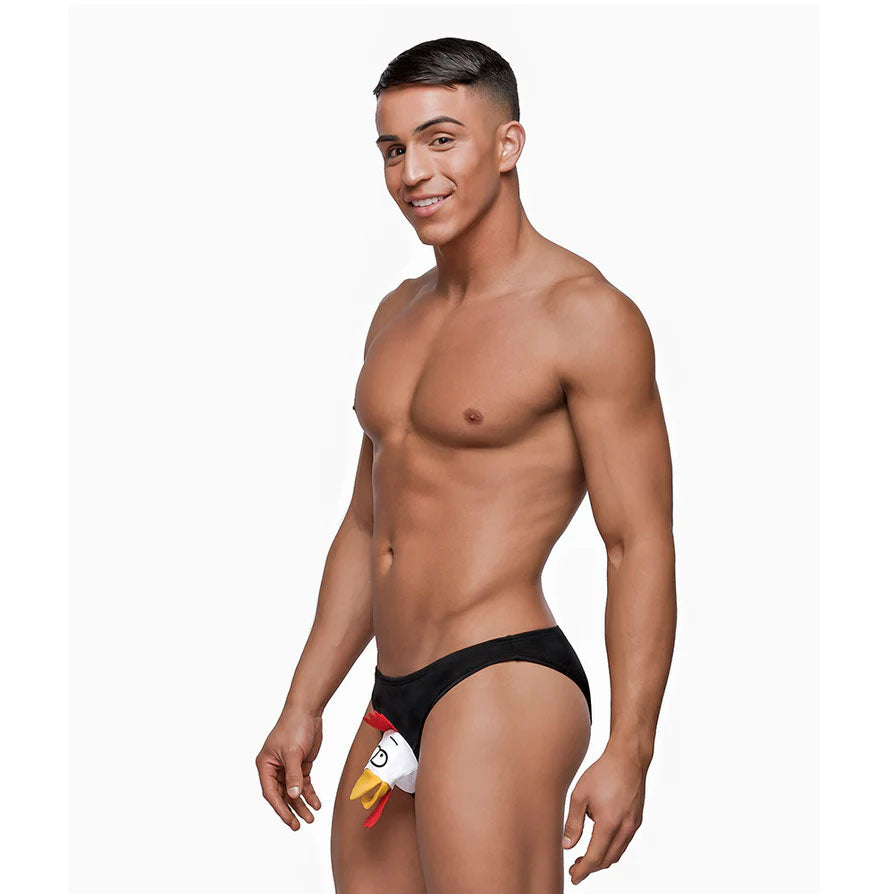 Male Power Choke the Chicken Bikini One Size Black worn by a male model showcasing the playful design.