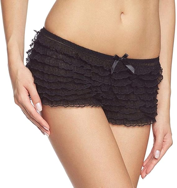 Leg Avenue Lace Ruffle Tanga Shorts One Size Black featuring soft lace and playful ruffles, ideal for lingerie collections.
