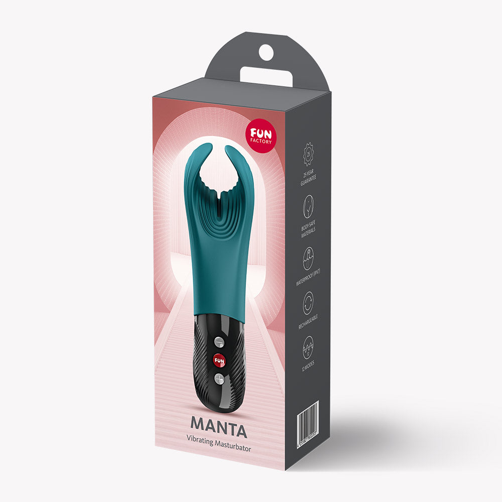 Fun Factory Manta Vibrating Masturbator Green packaging with product showcase and brand logo.