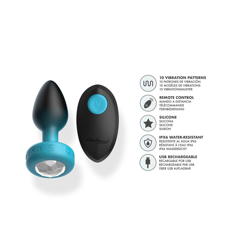 Eluxe Vibrating Clear Gem Blue Ombre Plug Small With Remote with remote control, showcasing 10 vibration patterns and premium silicone.