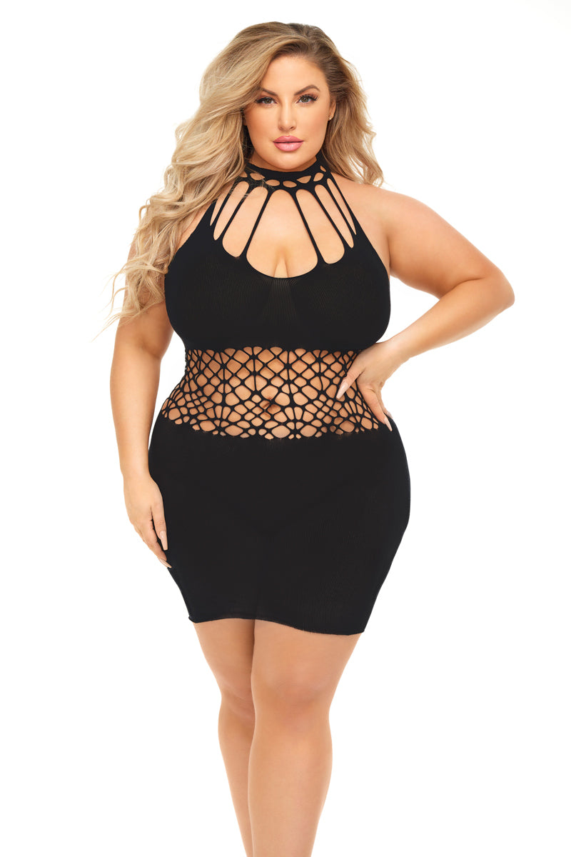 Rich B Phase Dress Queen Size Black showcasing geometric netting design for a bold statement look.