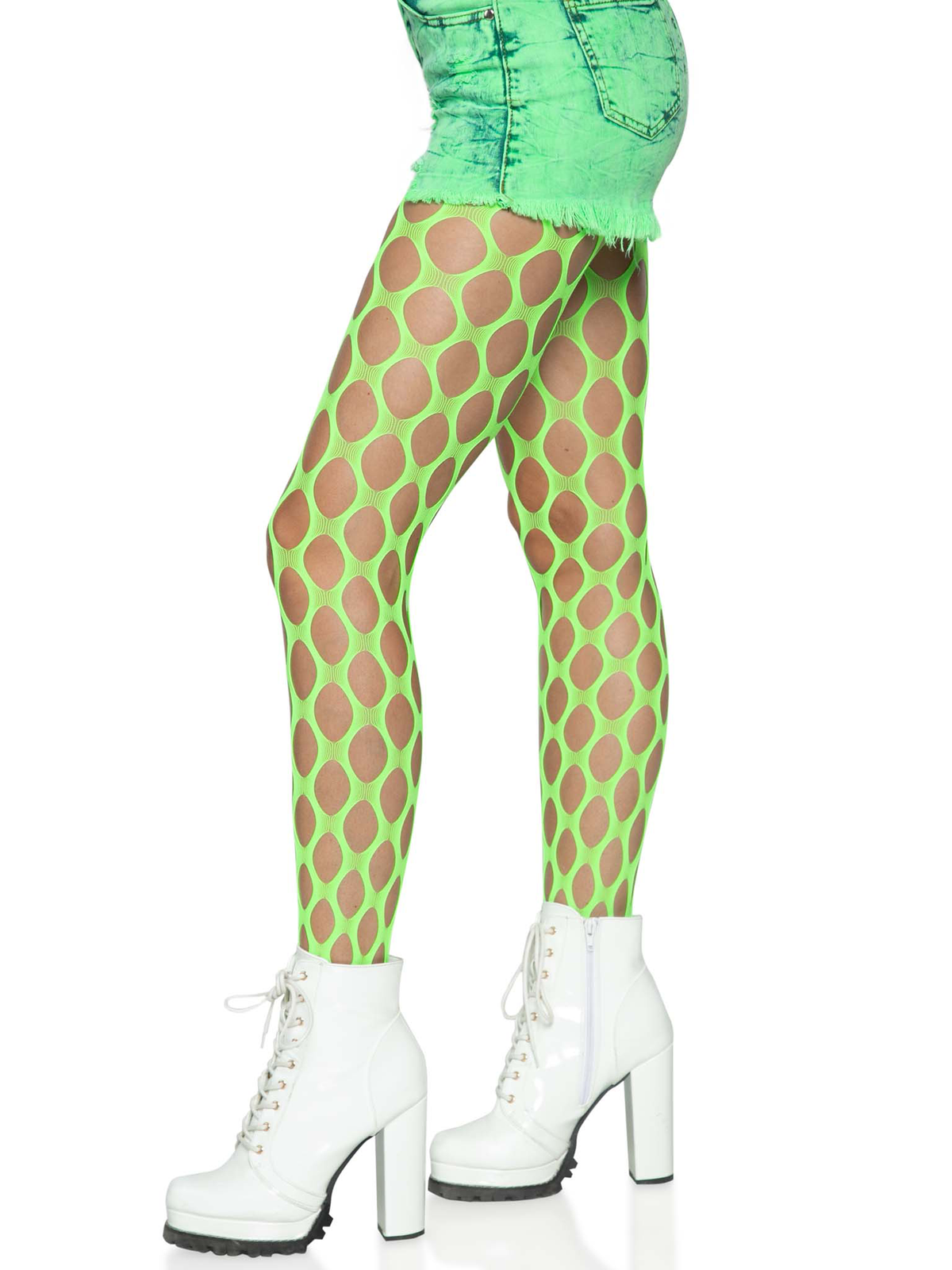 Leg Avenue Jumbo Pothole Net Tights Neon Green One Size in a bold, oversized pattern worn with white high-heeled boots.