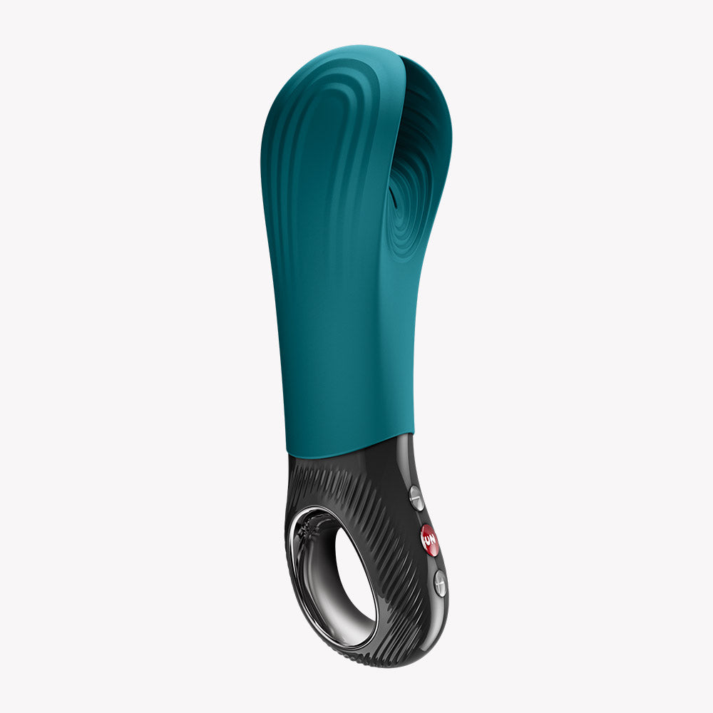 Fun Factory Manta Vibrating Masturbator Green showcasing its flexible design and tailored fit.