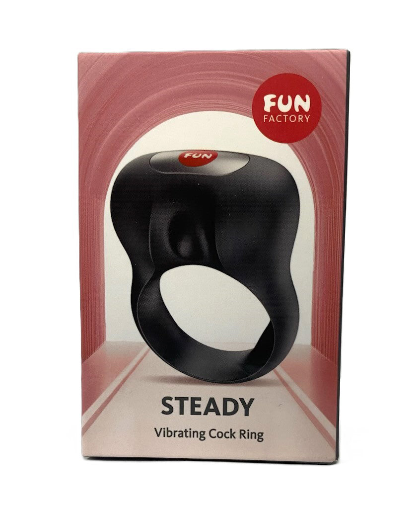 Fun Factory Steady Vibrating Cockring Black packaging showcasing its sleek design and brand details.