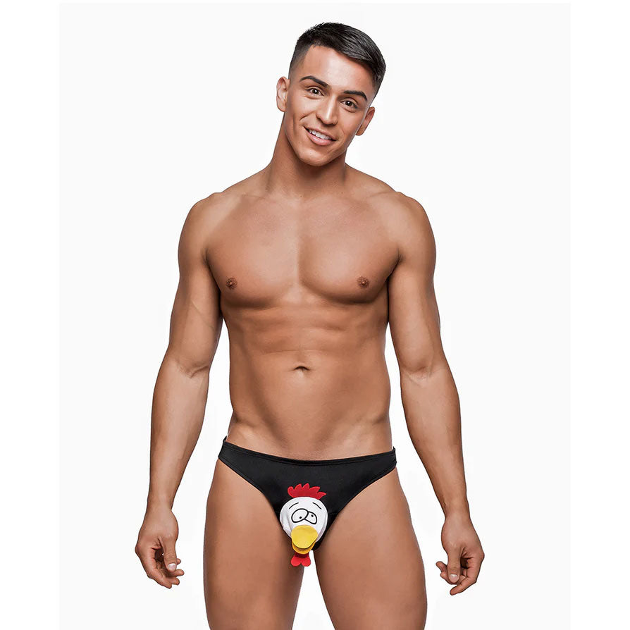 Male Power Choke the Chicken Bikini One Size Black on a model showcasing a cheeky and playful design.